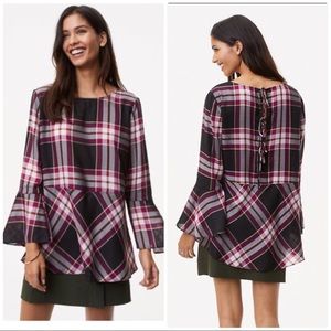 LOFT Plaid Tie Back Peplum Top L